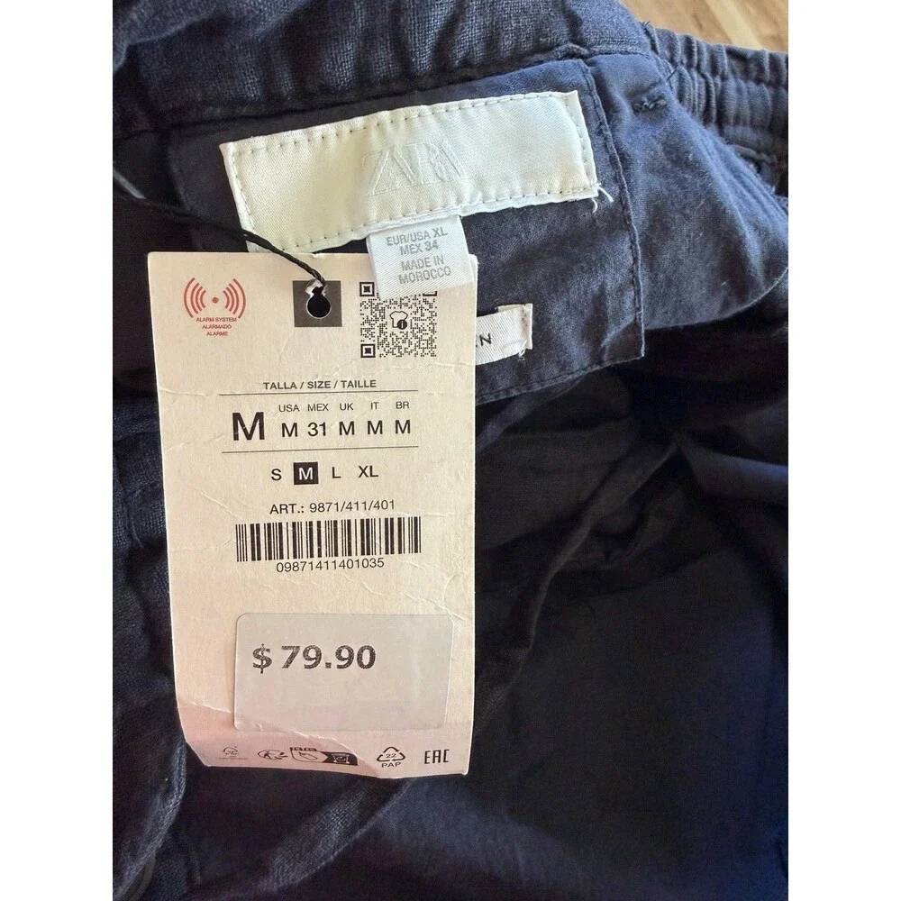 Zara Men Linen Pants Navy Blue Sz XL Casual Summer Lightweight Beach Bohemian